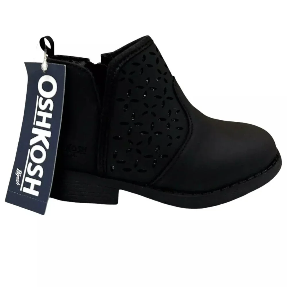 OshKosh B'Gosh Girl's Estell‎ Ankle Boots Size 7 Black Glitter Accent Side Zip